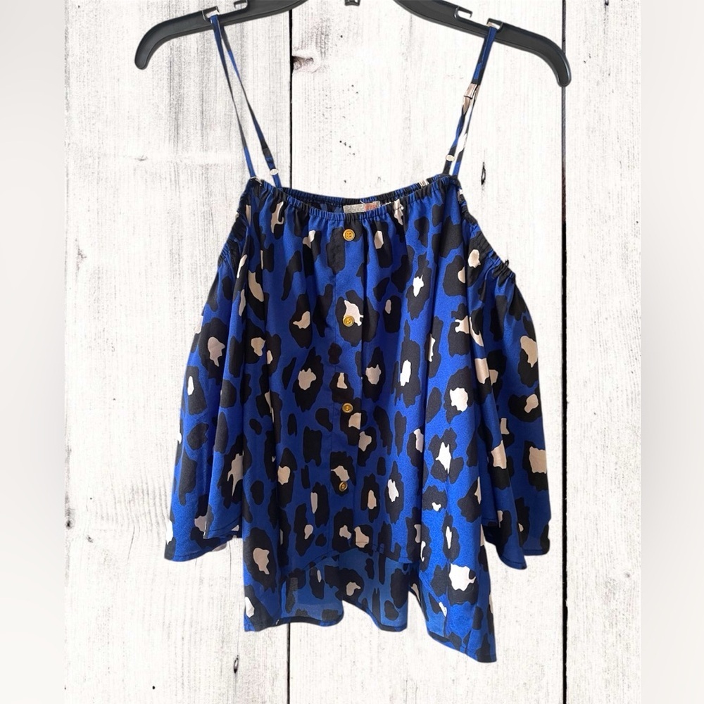 Womens Medium Gianni Bini GB Blue Strap/Cold Shoulder Flowy Blouse Top Leopard